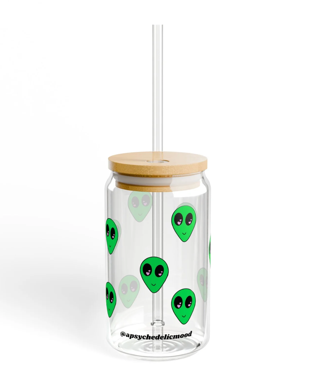 16oz clear tempered glass sipper with green alien head designs, bamboo lid, and Tritan plastic straw.