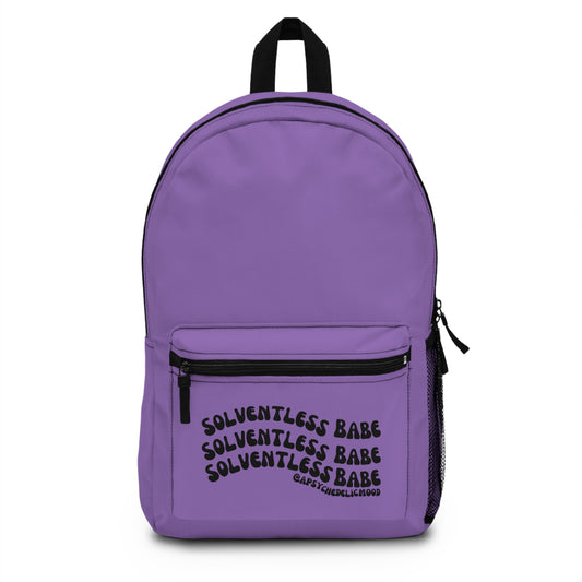 Purple backpack with "Solventless Babe" text repeated three times.