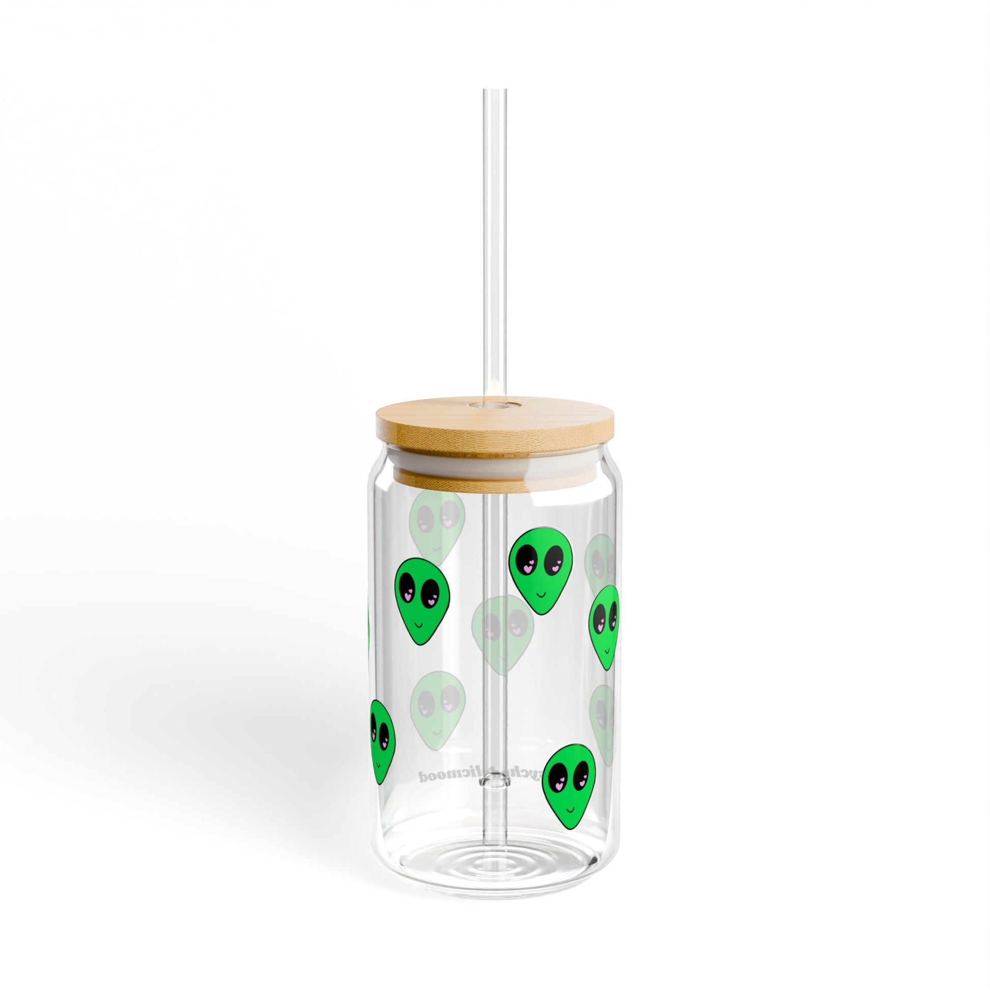 16oz clear tempered glass sipper with green alien head designs, bamboo lid, and Tritan plastic straw.