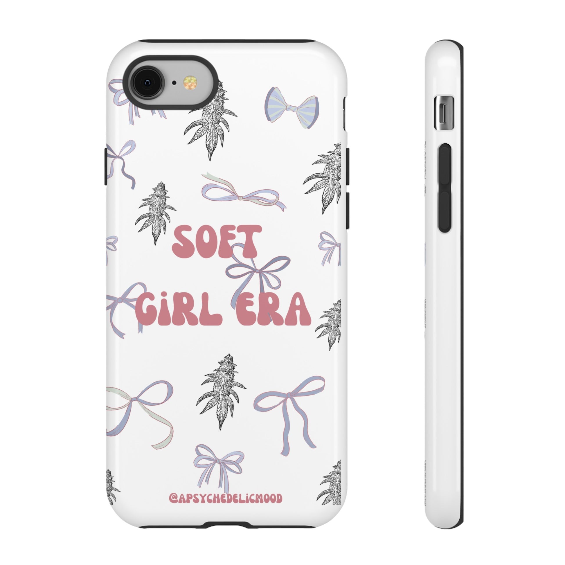 "Soft Girl Era Phone Case with Pink Bow and Cannabis Nug Pattern by A Psychedelic Mood 🌸✨"