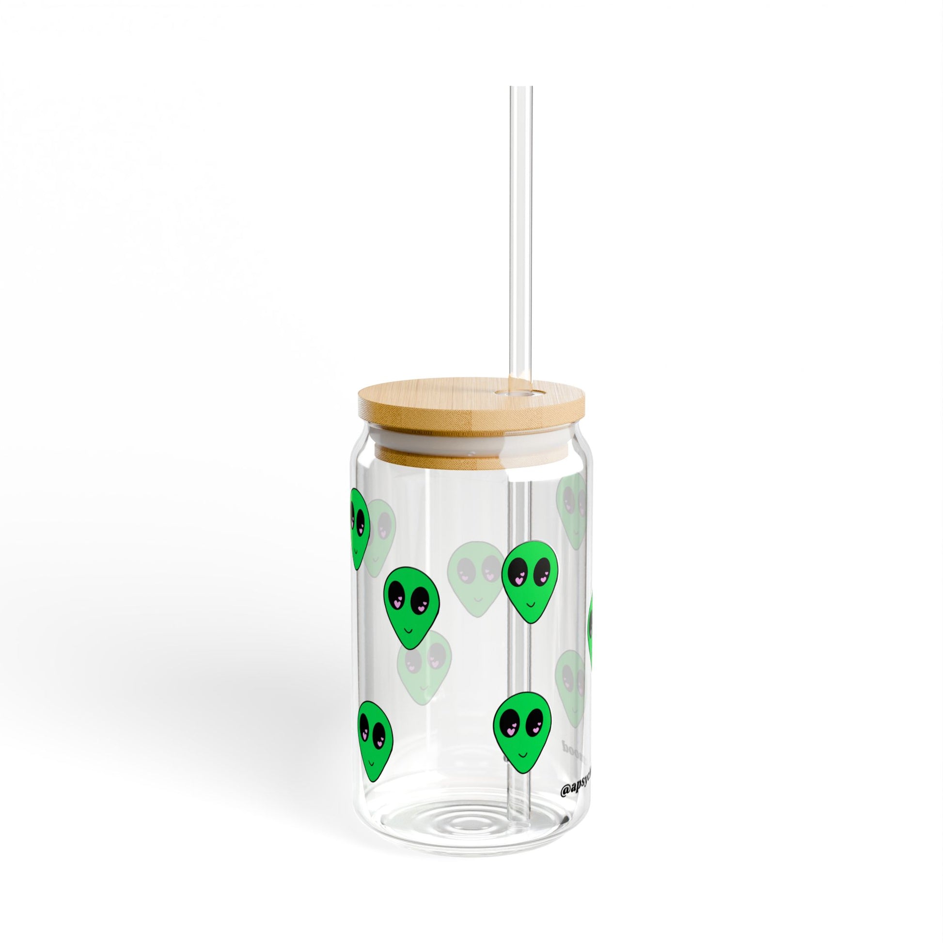 16oz clear tempered glass sipper with green alien head designs, bamboo lid, and Tritan plastic straw.