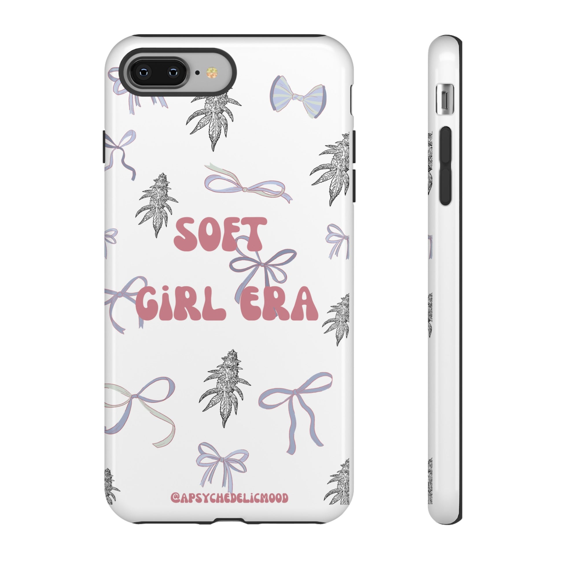 "Soft Girl Era Phone Case with Pink Bow and Cannabis Nug Pattern by A Psychedelic Mood 🌸✨"