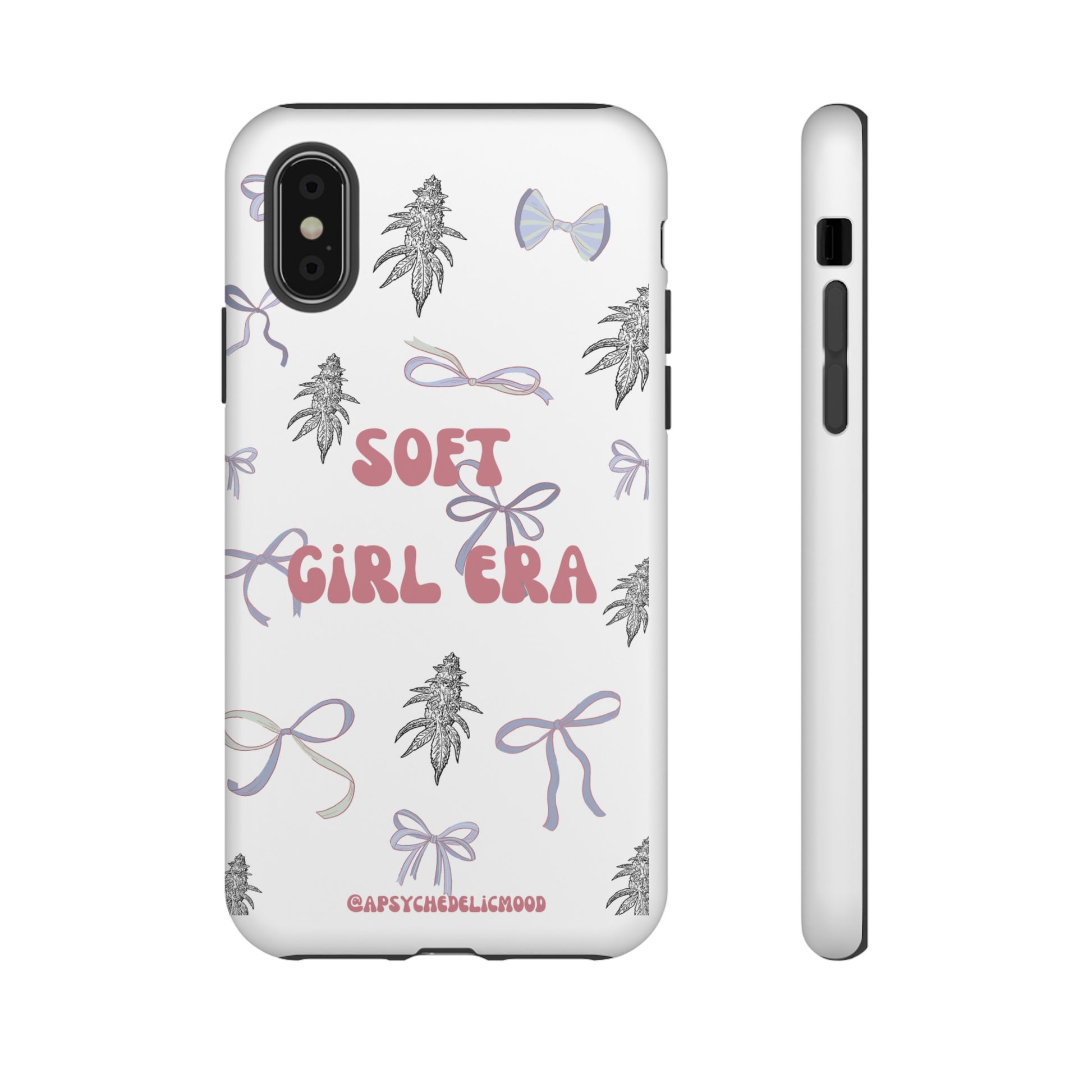 "Soft Girl Era Phone Case with Pink Bow and Cannabis Nug Pattern by A Psychedelic Mood 🌸✨"