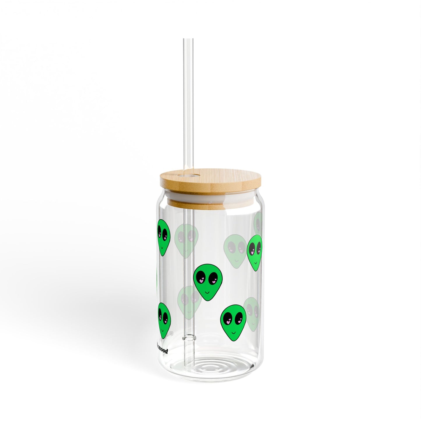 16oz clear tempered glass sipper with green alien head designs, bamboo lid, and Tritan plastic straw.