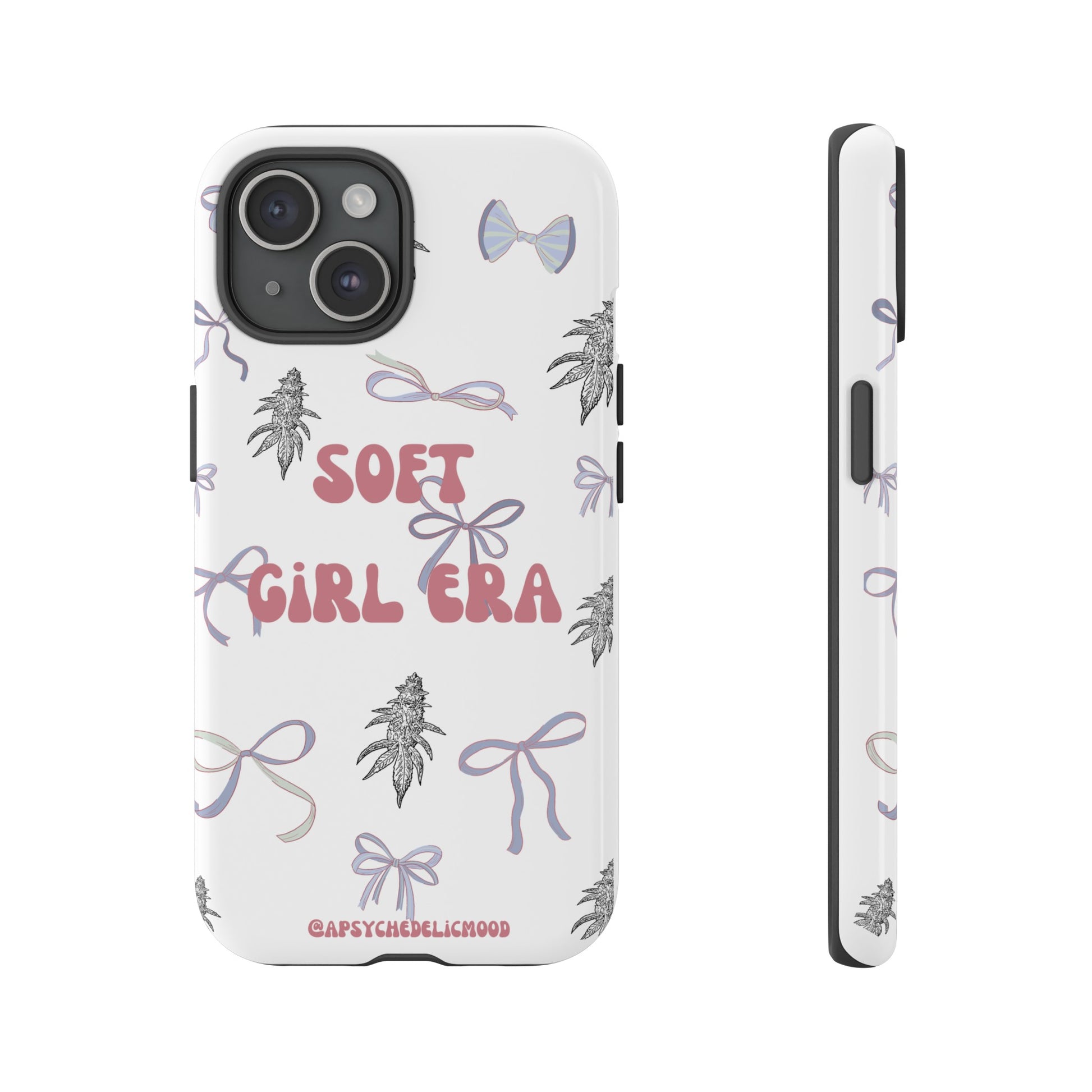 "Soft Girl Era Phone Case with Pink Bow and Cannabis Nug Pattern by A Psychedelic Mood 🌸✨"