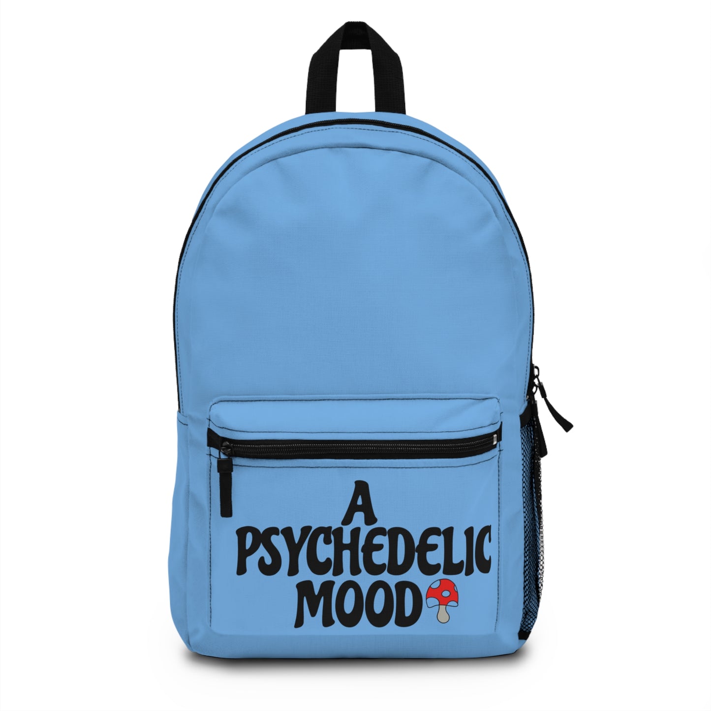 Light blue backpack with "A Psychedelic Mood" text and a small red mushroom icon.