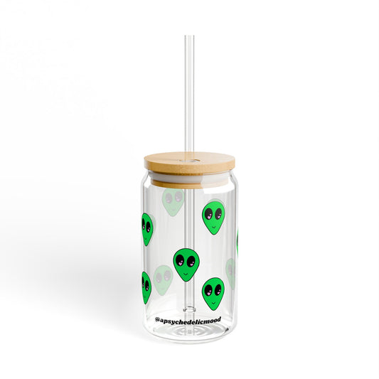 16oz clear tempered glass sipper with green alien head designs, bamboo lid, and Tritan plastic straw.