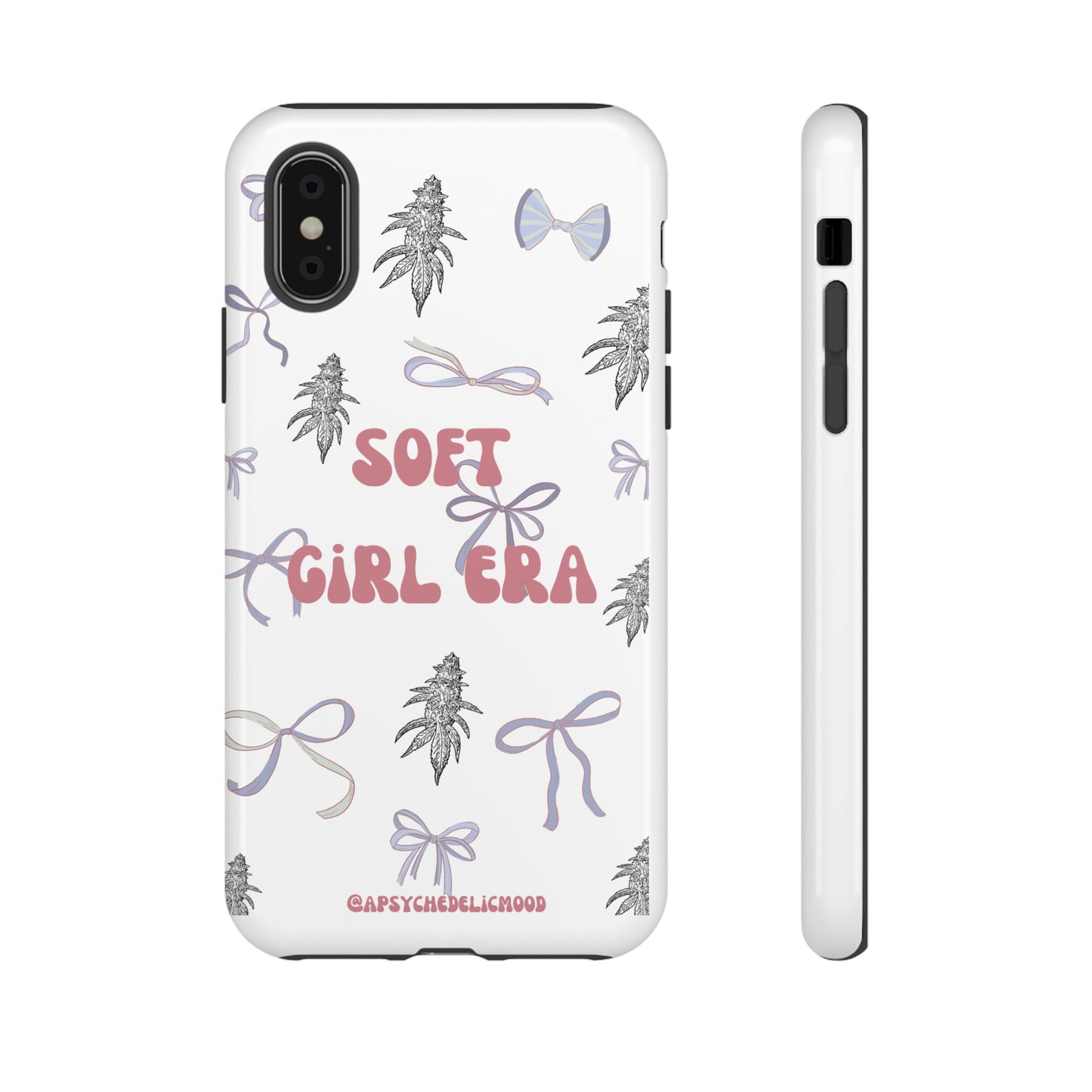 "Soft Girl Era Phone Case with Pink Bow and Cannabis Nug Pattern by A Psychedelic Mood 🌸✨"