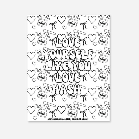 Black and white graphic with 'I love you like you love Hash' text and heart designs on a white background.